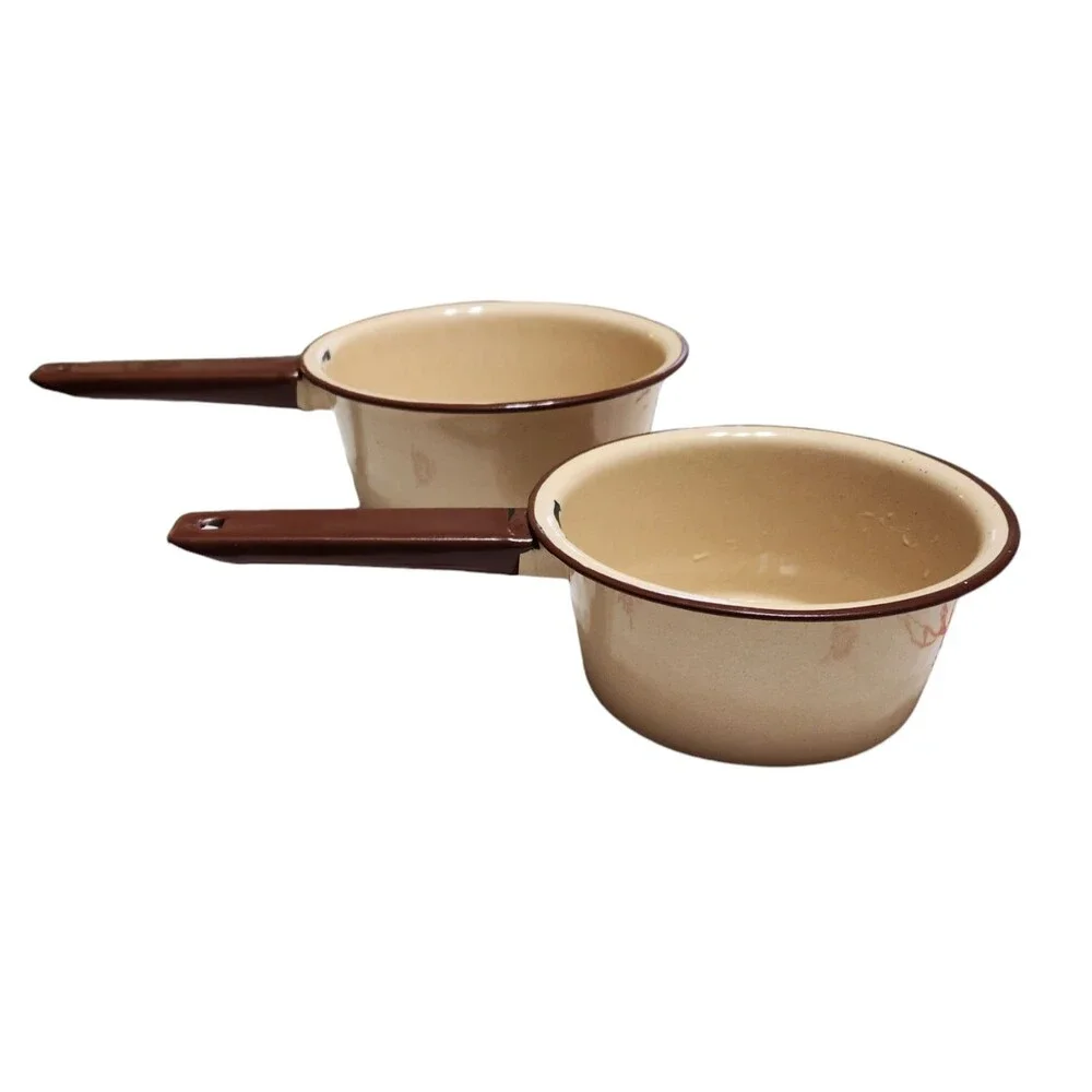 Set of 2 Enamelware Sauce Pans Light Speckle Beige & Brown Enamel